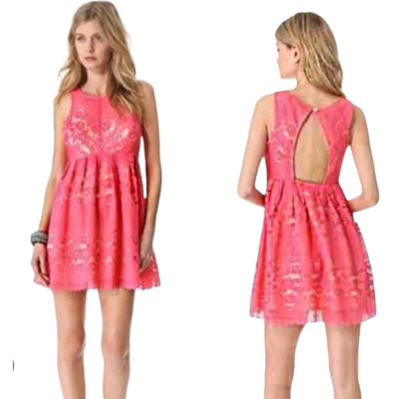 Free People Rocco Lace Dress Womens 6 Pink Crochet Cutout Back Lined Fit Flare - Picture 15 of 16